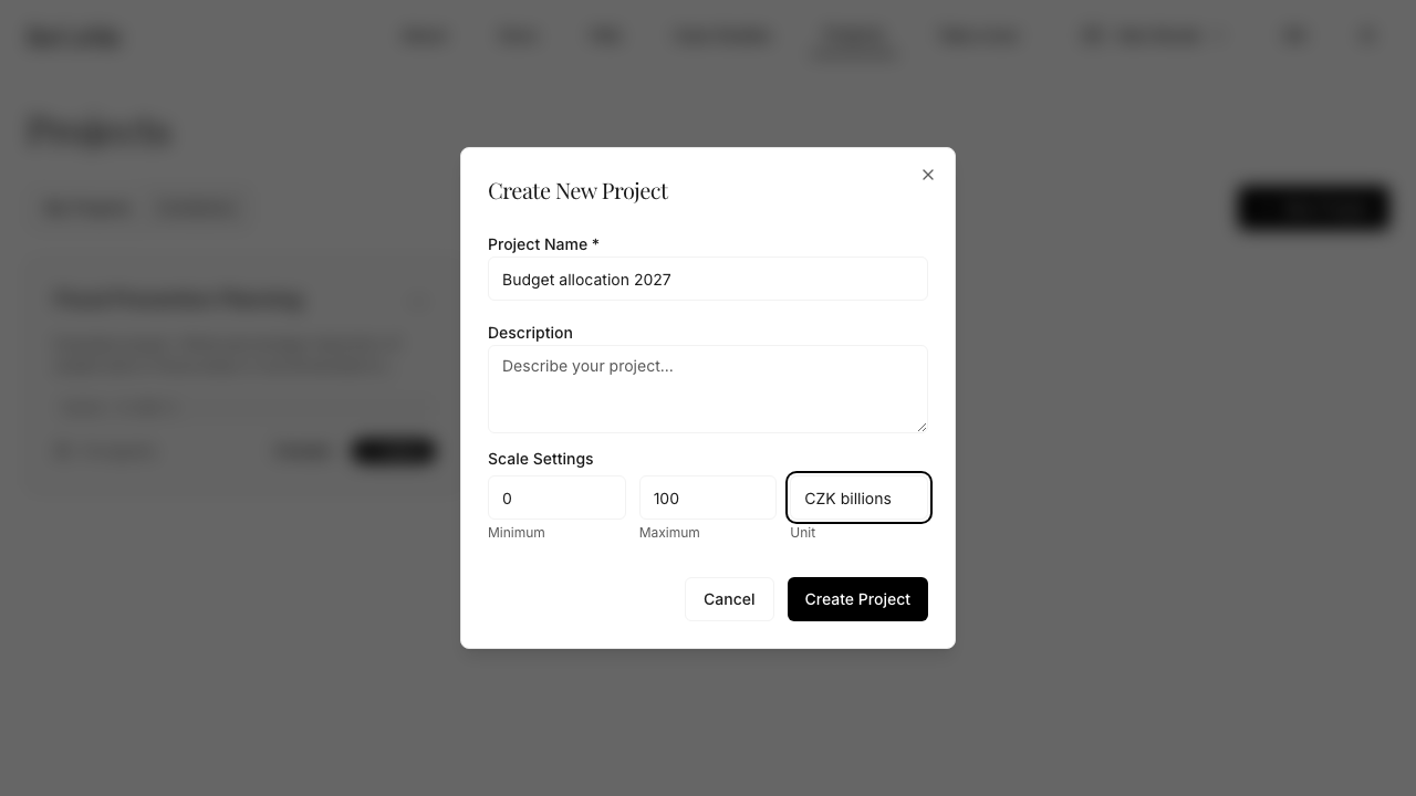 The new project dialog, with the name, description and scale fields