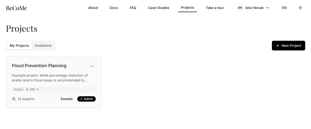 The projects list on a new account, with the example project at the top
